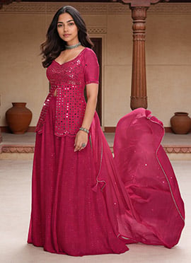 Pink Chinon Silk Zari Mirror Work Sequins High Slit Palazzo Suit