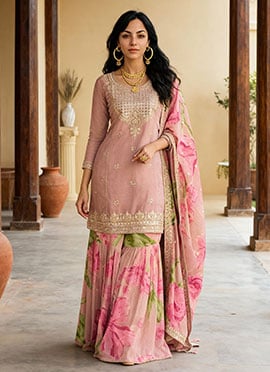 Pink Chinon Zari Embroidered Sequins Printed Sharara Suit Festive Wear