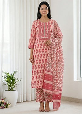 Pink Cotton Floral Print Straight Pant Suit And Matching Dupatta