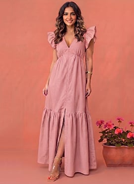 Pink Cotton Flutter Sleeve Maxi Dress
