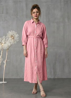 Pink Cotton Shirt Collar Midi Dress