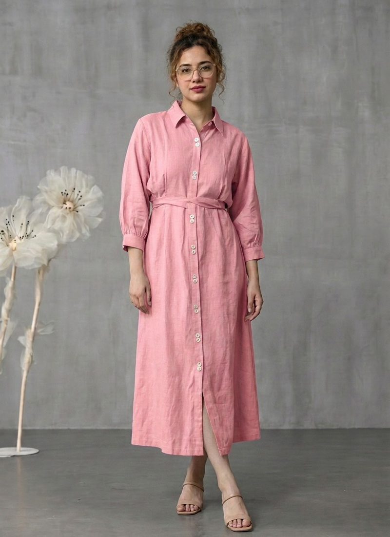 Pink Cotton Shirt Collar Midi Dress After Six Wear