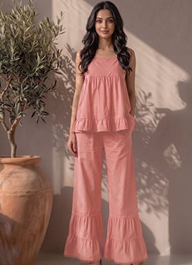 Pink Cotton Sleeveless Ruffle Hem Co Ord Set