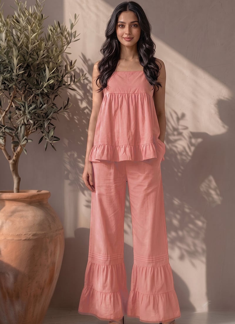 Pink Cotton Sleeveless Ruffle Hem Co Ord Set After Six Wear
