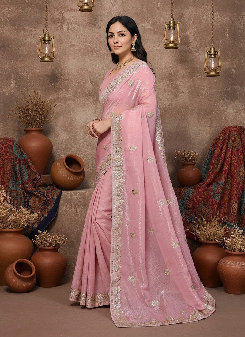 Pink Crunchy Silk Gota Embroidered Saree Festive Wear