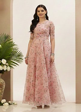 Pink Digital Print Organza Gown