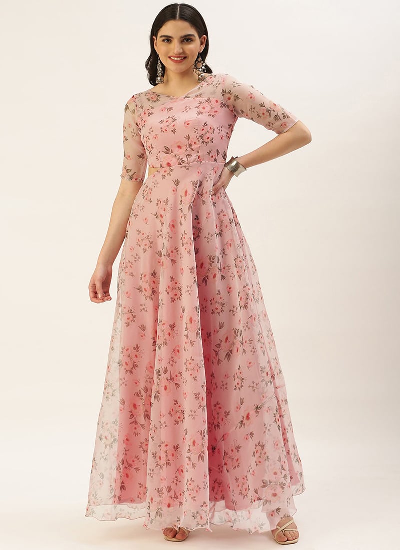 Pink Digital Print Organza Gown Party Wear