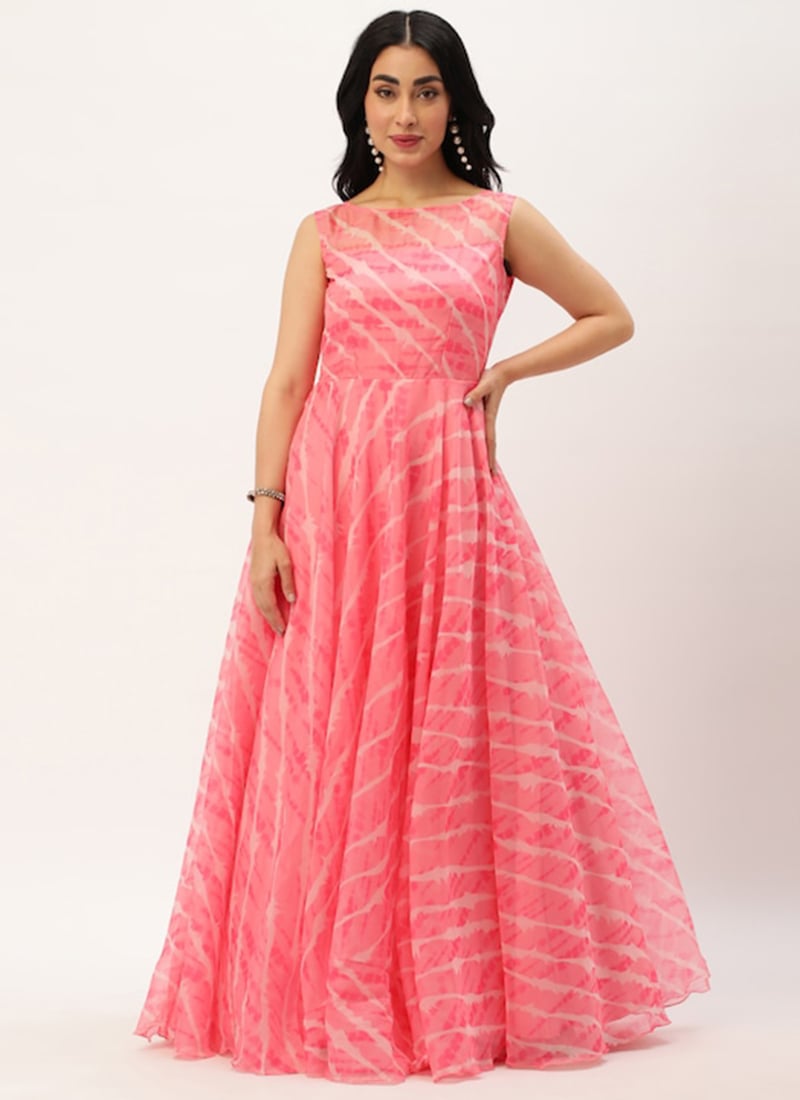 Pink Digital Printed Organza Gown Festive Wear