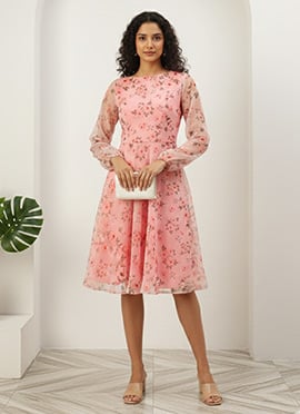 Pink Digital Printed Organza Knee Length Dress
