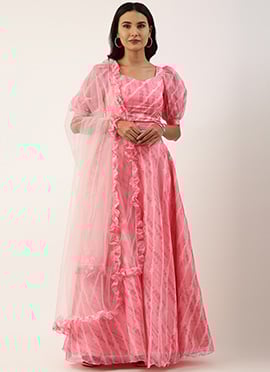 Teen Girls Pink Digital Printed Organza Lehenga Set