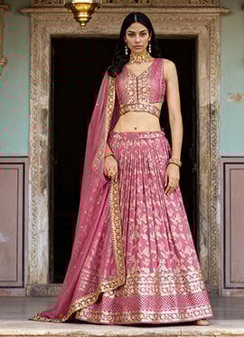 Pink Dola Silk Jacquard Zari Embroidered Sequins Lehenga Wedding Wear