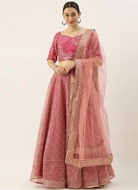 Pink Embroided Sweetheart Neck Umbrella Lehenga