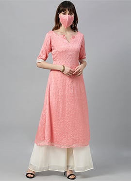 Pink Embroidered Calf Length Kurta Set
