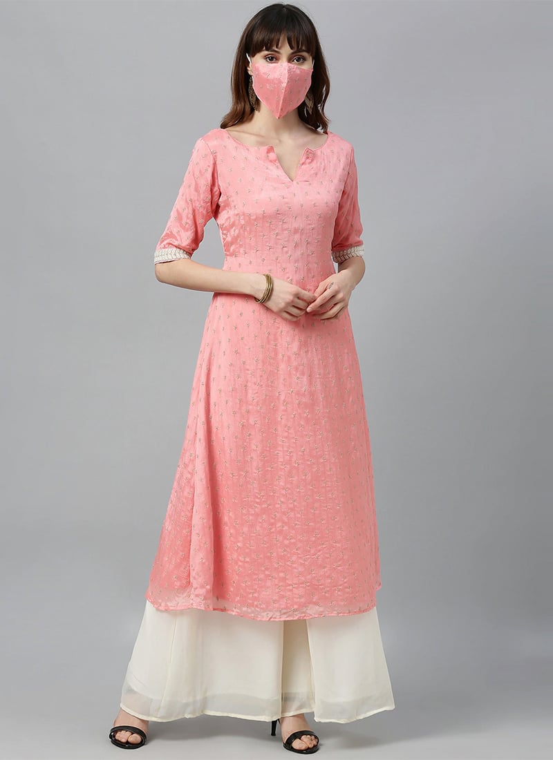 Pink Embroidered Calf Length Kurta Set