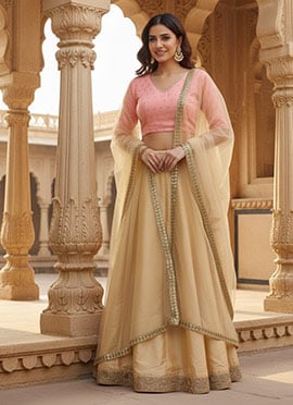 Pink Embroidered Chinon Lehenga Set