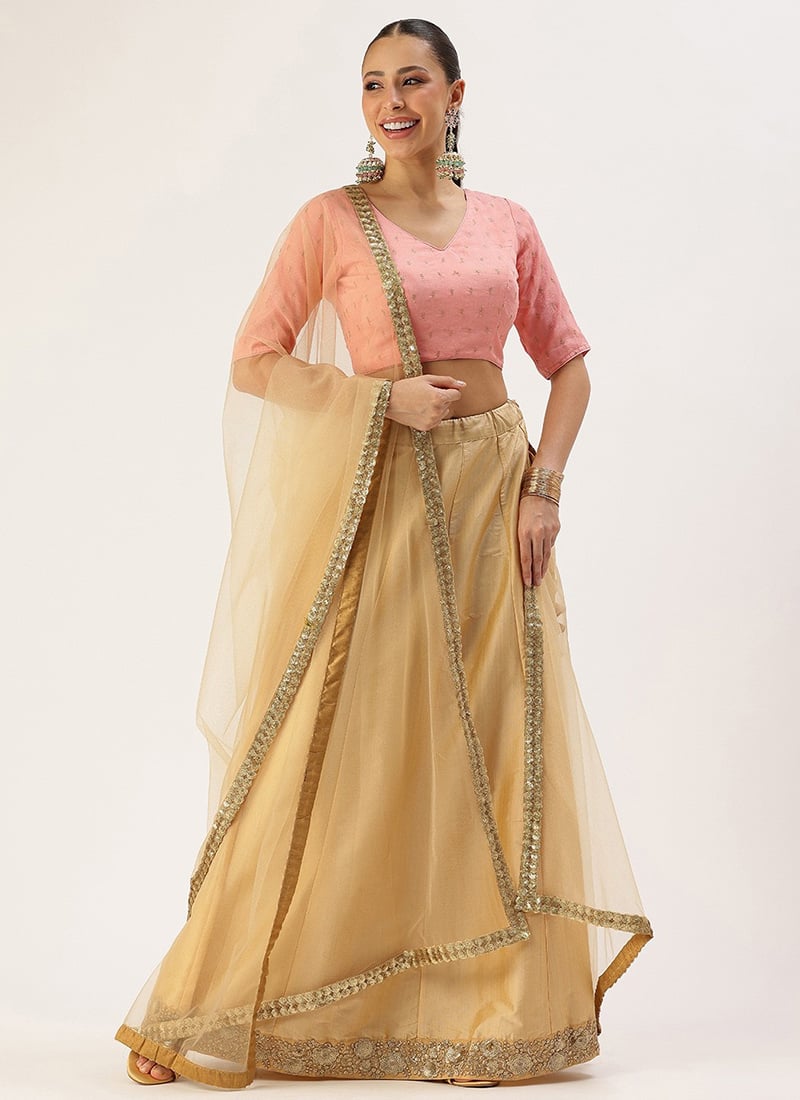 Pink Embroidered Chinon Lehenga Set Festive Wear