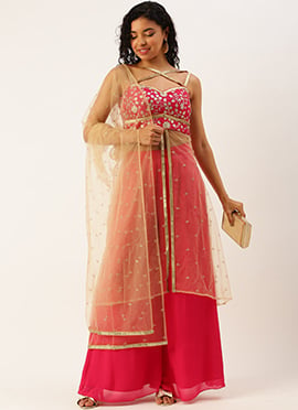 Pink Embroidered Chinon Palazzo Suit Set