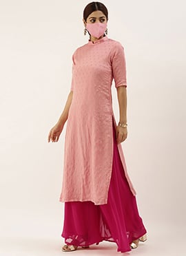 Teen Girls Pink Embroidered Collar Neck Kurti