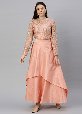 Pink Embroidered Crop Top N Skirt Set