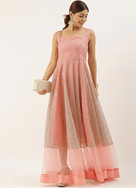 Pink Embroidered Floor Length Gown