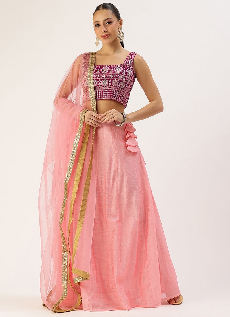 Pink Embroidered Georgette Kali Lehenga Festive Wear