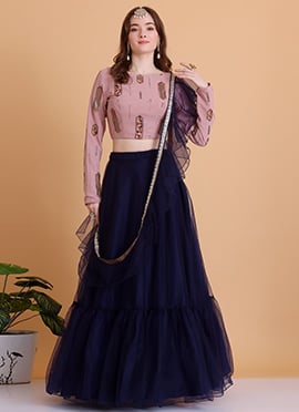 Pink Embroidered Georgette N Blue Net Lehenga