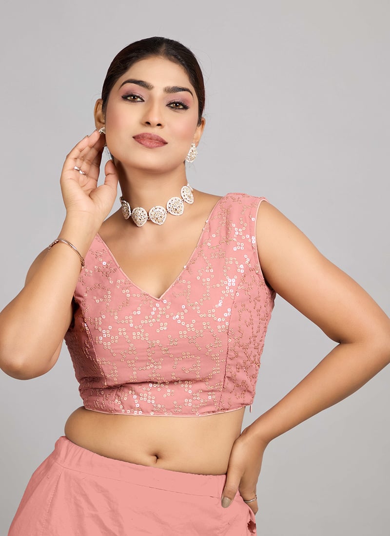 Pink Embroidered Georgette V Neck Blouse Party Wear