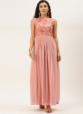 Pink Embroidered Halter Neck Gown
