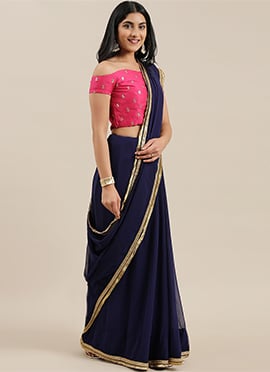 Pink Embroidered N Blue Border Saree