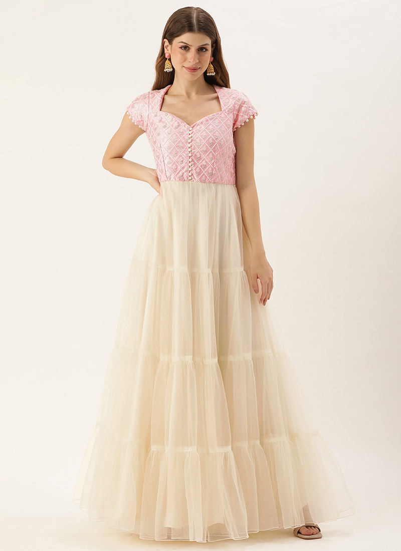 Teen Girls Pink Embroidered N Off White Tiered Gathers Gown Party Wear