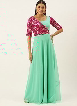 Pink Embroidered N Turquoise Overlapping Style Gown