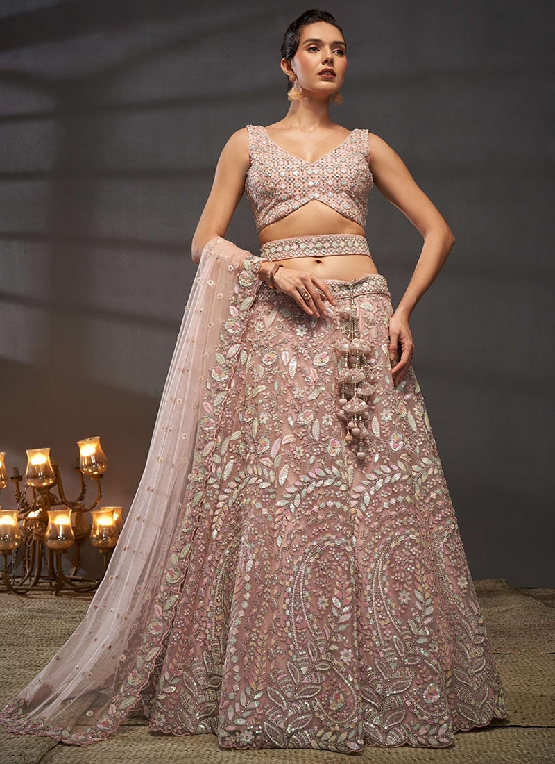 Pink Embroidered Net Umbrella Lehenga Wedding Wear