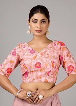 Pink Embroidered Net V Neck Blouse