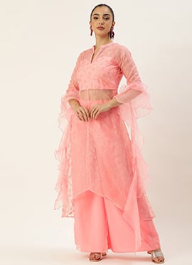 Pink Embroidered Oragnza Palazzo Suit