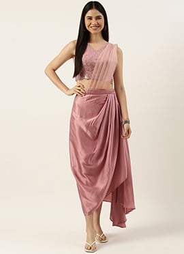 Pink Embroidered Satin Drape Skirt Set