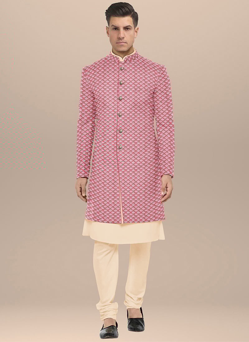 Pink Embroidered Sequins Art Silk Sherwani N Churidar Set Wedding Wear