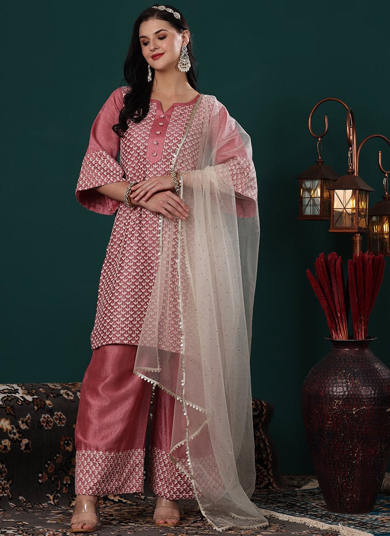 Pink Embroidered Sequins Art Silk Straight Suit