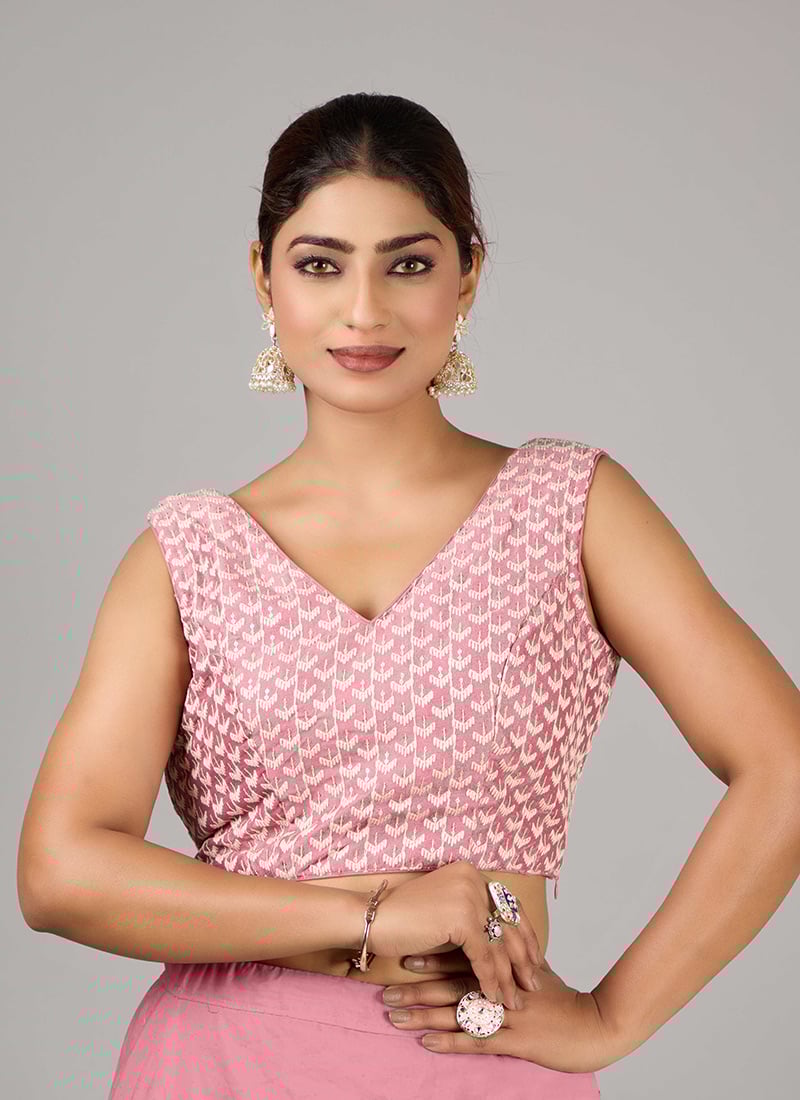 Pink Embroidered V Neck Blouse Festive Wear