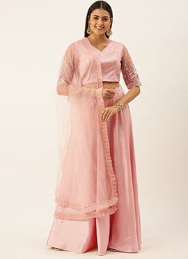 Pink Embroidered V Neck Lehenga set