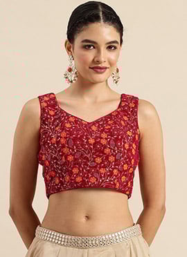 Pink Embroidered Velvet Pentagon Neck Blouse