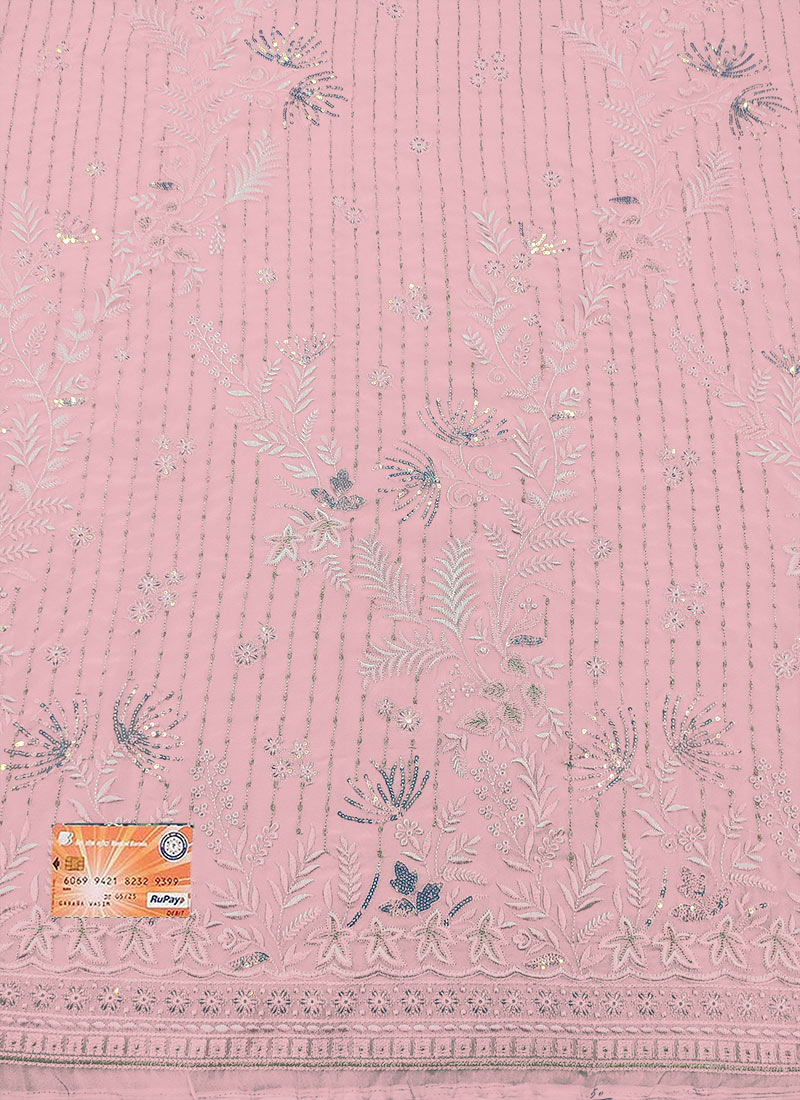 Pink Faux Georgette Embroidered Fabric