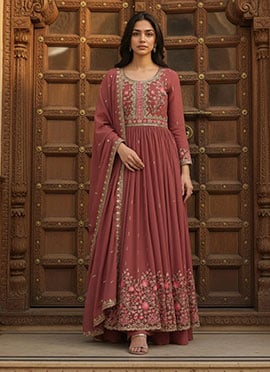 Pink Faux Georgette Embroidered Sequins Stunning Anarkali Suit