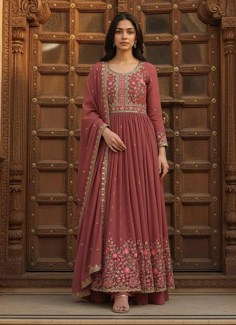 Pink Faux Georgette Embroidered Sequins Stunning Anarkali Suit