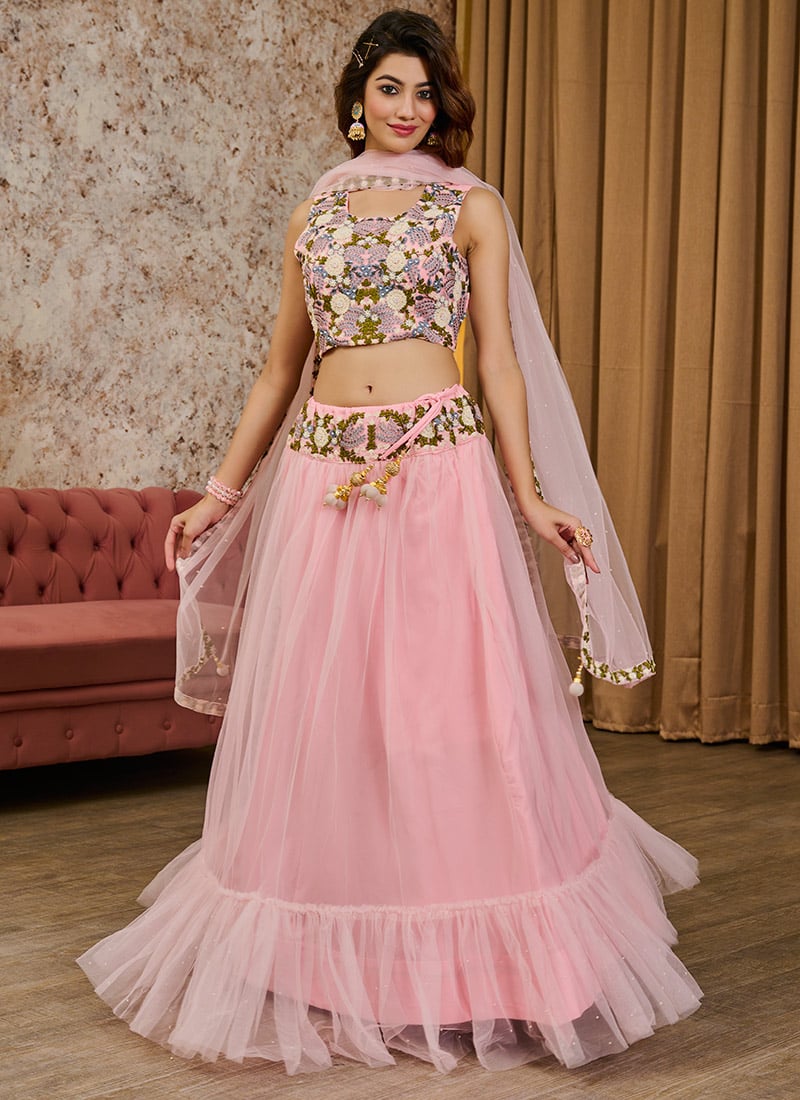 Pink Faux Georgette Embroidered Umbrella Lehenga Party Wear