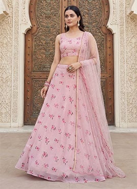 Pink Georgette Printed Embroidered Mukaish Work A Line Lehenga