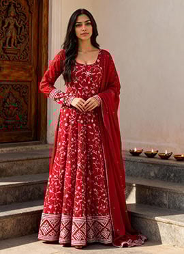 Pink Faux Georgette Sequins And Embroidered Anarkali Suit