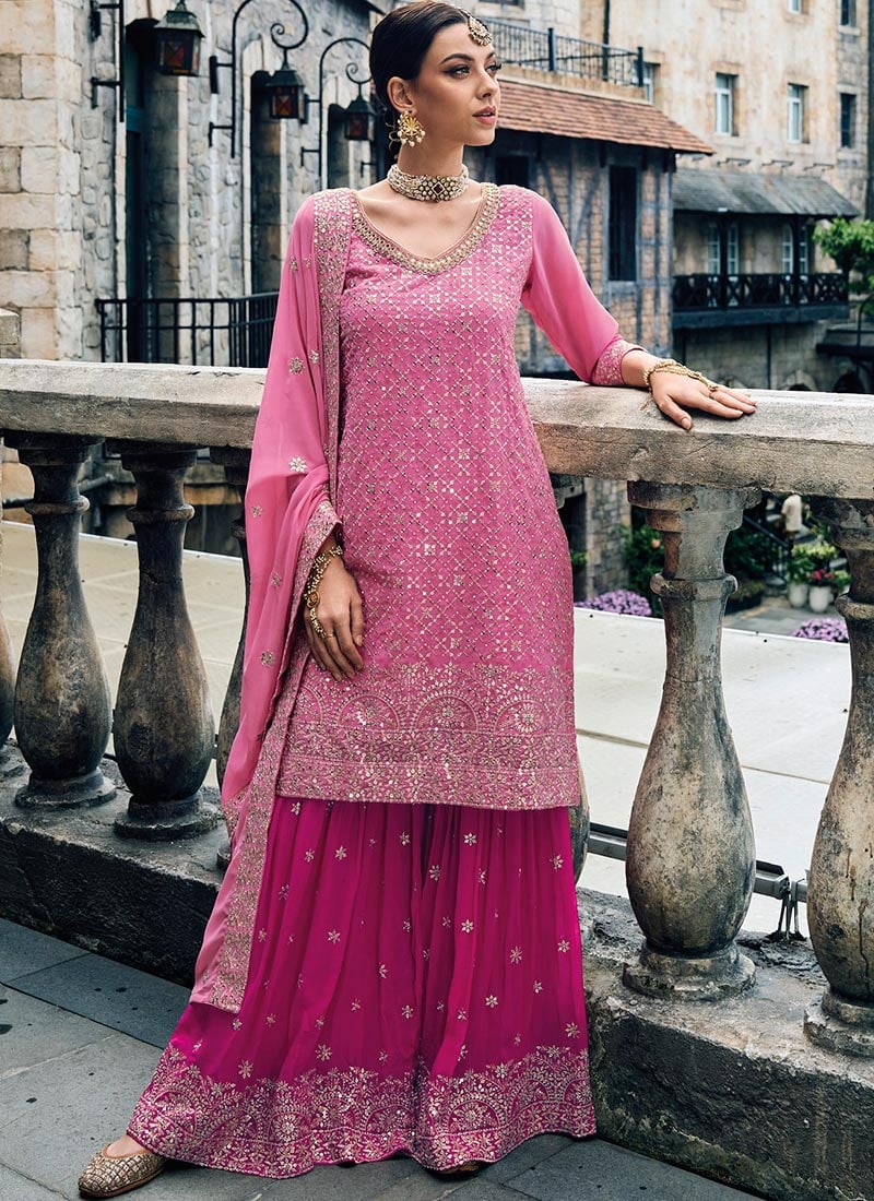 Pink Faux Georgette Sequins Palazzo Suit