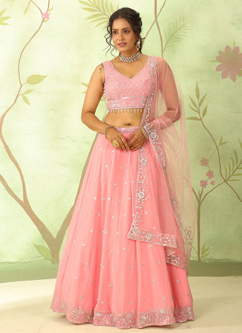Pink Faux Georgette Zari Sequins Lehenga Wedding Wear