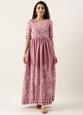 Teen Girls Pink Foil Print Chinnon Pleated Yoke Dress