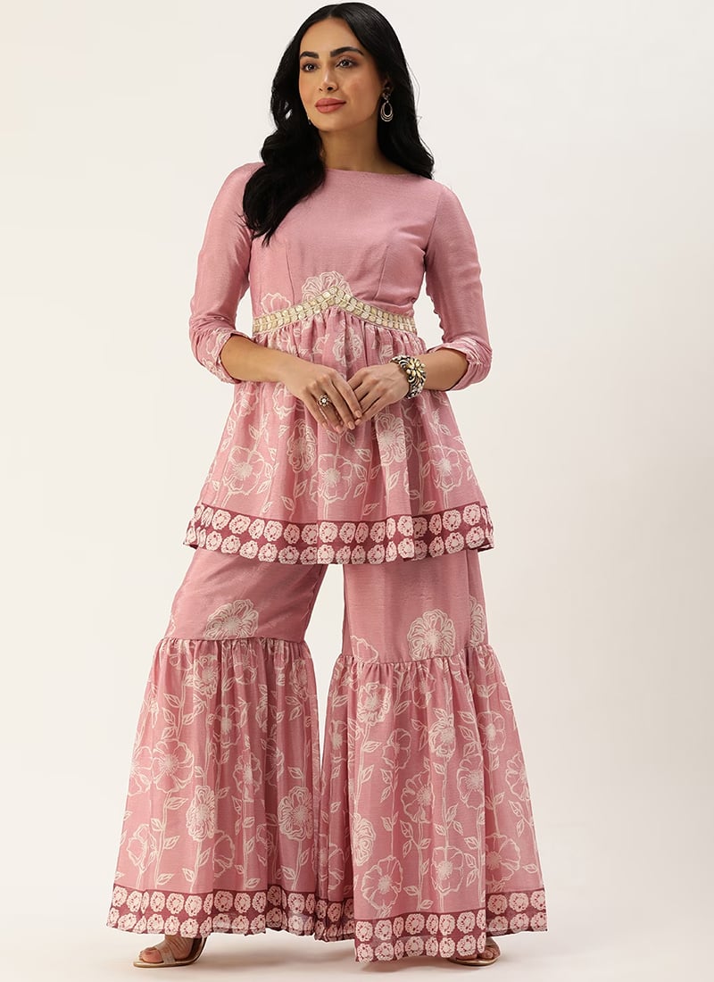 Pink Foil Print Chinon Alia Cut Kurta Set